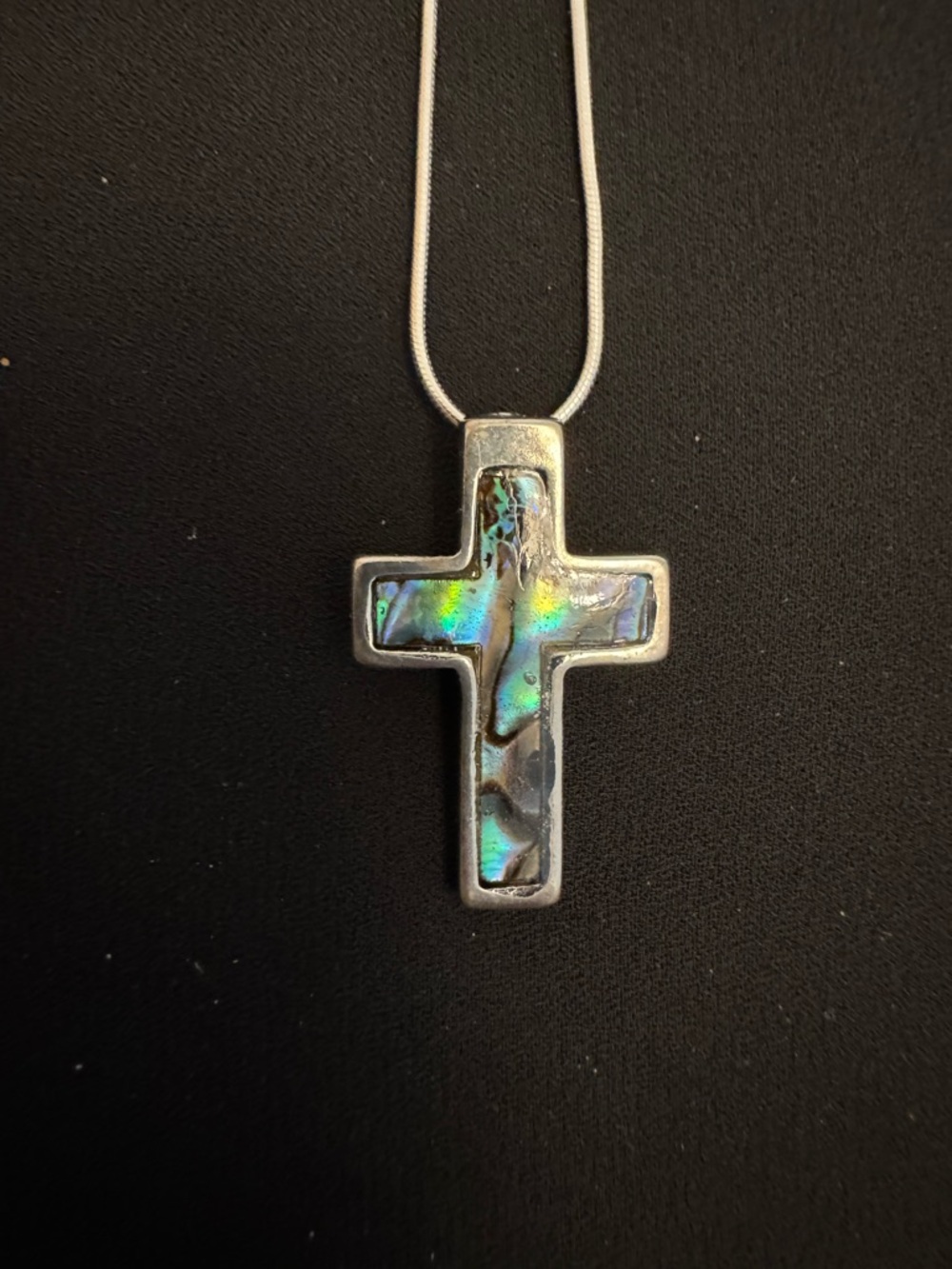Silver Cross Pendant Necklace with Iridescent Abalone Inlay